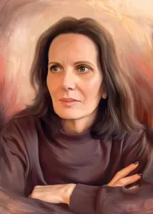 Женский портрет под масло. На портрете изображена женщина средних лет с каштановыми волосами до плеч, одетая в тёмный облегающий свитер; она сидит, скрестив руки, и смотрит вдаль с задумчивым, немного строгим выражением лица. Фон выполнен в мягких, размытых тонах тёплых оттенков, создающих атмосферу спокойствия и лёгкой интроспекции. Художник: Анастасия 