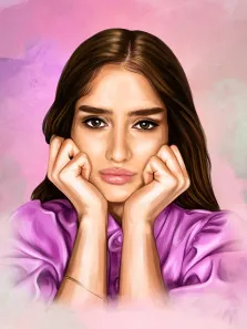Женский портрет под масло. На портрете изображена молодая девушка с длинными каштановыми волосами, одетая в фиолетовую блузку; она опирается подбородком на сложенные ладони, её взгляд направлен прямо на зрителя. Фон выполнен в мягких розово-фиолетовых тонах с лёгкими акварельными разводами, создающими нежную и задумчивую атмосферу. Художник: Анастасия 