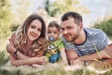 Семейный портрет под масло. На портрете изображена счастливая семья — мужчина с короткой стрижкой и бородой в полосатой футболке, женщина с длинными волнистыми светлыми волосами, украшенными браслетом и часами, и малыш в яркой футболке с изображением Миньона и с соской во рту. Все трое лежат на траве, нежно прижавшись друг к другу, на фоне размытого зелёного пейзажа, что создаёт атмосферу тепла и семейного уюта. Художник: Александра 