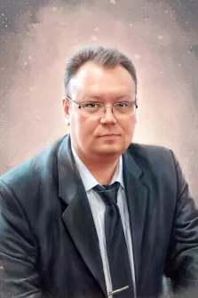 Под масло, художник Анна М Портрет в стиле маслом, мужчина в строгом костюме, белой рубашке и тёмном галстуке. Его взгляд сосредоточен и серьёзен, что придаёт портрету деловую атмосферу. Фон выполнен в мягких пастельных тонах, создавая ощущение гармонии и спокойствия. Художник Анна М