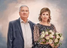Парный портрет под масло. На картине изображены мужчина и женщина, стоящие рядом. Мужчина одет в строгий костюм, а женщина — в платье с узором, держит букет белых роз. Фон выполнен в мягких пастельных тонах, создавая атмосферу уюта и гармонии. Художник Анна 