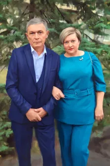 Парный портрет под масло. На картине изображены мужчина и женщина, стоящие рядом. Мужчина одет в синий костюм, а женщина — в голубое платье с брошью. Художник Анастасия