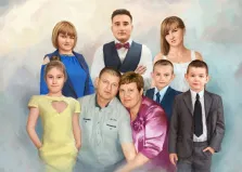 На изображении представлена группа из восьми человек, семья, в стиле цифровой живописи. Задний фон выполнен в мягких пастельных тонах, с преобладанием светлых оттенков голубого и белого, что создает эффект размытости и фокуса на переднем плане. Под масло, художник Анастасия К