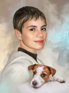 Под масло, женщина с короткой стрижкой, одетая в светлую одежду. Она улыбается и держит на руках маленького щенка с белой и коричневой шерстью. Фон выполнен в мягких пастельных тонах, создавая атмосферу уюта и тепла. Художник Софья У