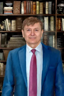 Под масло, художник Софья Мужской портрет под масло. На картине изображён мужчина в синем костюме и бордовом галстуке, стоящий перед книжным шкафом, заполненным старинными книгами. Его уверенная улыбка и интеллигентный вид создают атмосферу мудрости и профессионализма. Художник Софья
