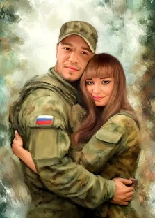 Под масло, художник Павел Д На изображении представлен художественный портрет мужчины и женщины, обнимающих друг друга. Фон размыт и выполнен в светлых тонах с зеленоватыми оттенками, создавая эффект размытого пейзажа или абстрактного фона. Под масло, художник Павел Д