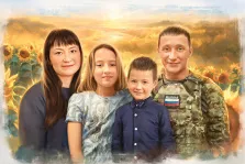 Под масло, художник Анастасия Ко На изображении представлена семья из четырех человек на фоне поля подсолнухов и заката. Слева стоит женщина с длинными темными волосами и челкой, одетая в темный свитер. Рядом с ней стоит девочка с светлыми волосами, одетая в блузку с узором. Перед ними стоит мальчик в синей рубашке и галстуке-бабочке. Справа от них стоит мужчина в военной форме с нашивкой "RUSSIA" Под масло, художник Анастасия Ко
