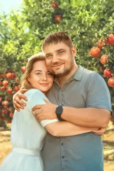 Под масло, художник Анастасия К Изображение представляет собой портрет пары, выполненный в стиле живописи. На фоне видны деревья с плодами, похожими на яблоки или гранаты, что создает ощущение нахождения в саду или фруктовом саду. Под масло, художник Анастасия К