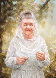 Женский портрет в стиле под масло. На портрете изображена пожилая женщина в светлом кружевном платье и тонкой вуали, с нежной улыбкой на лице. В руках она держит небольшой цветок, а фон наполнен мягкими оттенками зелени и цветов, создающими атмосферу спокойствия и умиротворения. Художник: Александра 