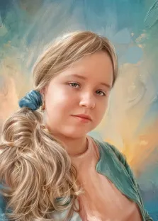 Под масло, художник Анна М Это портретное изображение девушки. Она изображена в розовой блузке и зеленом кардигане. У неё светлые волосы, собранные в низкий хвост и перевязанные синей резинкой. В ухе девушки видна золотая серьга. Под масло, художник Анна М