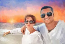 Под масло, художник Павел Д На картине изображены мужчина и женщина в солнцезащитных очках, одетые в белые рубашки. Мужчина обнимает женщину за плечи. На заднем плане виден морской пейзаж с закатом. Цвета неба переходят от синего к розовому и оранжевому, отражаясь на поверхности воды. Картина выполнена в стиле цифровой живописи, с видимыми мазками кисти. Под масло, художник Павел Д