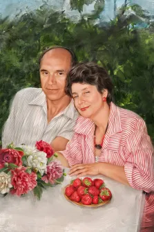 Это картина, на которой изображена пара за столом.  Фон картины размытый и состоит из зеленых листьев и голубого неба. Под масло, художник Анна М