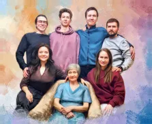 Семейный портрет под масло.  в центре сидит пожилая женщина, а вокруг неё расположились ещё шесть человек — мужчины, женщины и молодые люди, все выглядят радостными и сплочёнными. Фон выполнен в мягких пастельных тонах с абстрактными мазками, что придаёт композиции лёгкость и художественную выразительность. Художник Александра