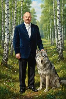 Мужской портрет в стиле под масло. На картине изображён мужчина в тёмно-синем пиджаке и белой рубашке, стоящий на фоне берёзовой рощи; он нежно кладёт руку на голову крупного серого волка, сидящего рядом с ним. Яркая зелень травы, полевые цветы и стройные берёзы создают атмосферу гармонии природы и человека. Художник Татьяна