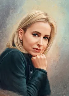 Женский портрет под масло. На картине изображён женский портрет: блондинка с аккуратной причёской, в тёмно-зелёной одежде, слегка опирается подбородком на руку, её взгляд направлен прямо на зрителя. Фон выполнен в мягких пастельных тонах с лёгкими текстурными мазками, создающими ощущение глубины и утончённости композиции. Художник Анна