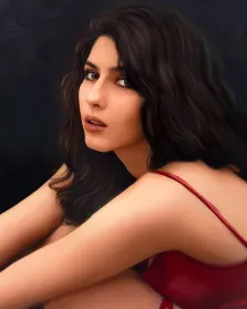 Женский портрет под масло. На картине изображена женщина с длинными тёмными волнистыми волосами, одетая в красное одеяние на тонких бретелях. Её поза расслаблена, взгляд направлен в сторону, выражение лица задумчивое и немного загадочное, а тёмный фон подчёркивает черты её лица и яркость наряда. Художник Анастасия