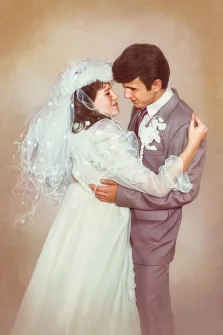 Парный портрет под масло. На картине изображена свадебная пара: невеста в элегантном белом платье с кружевными рукавами и пышной фатой, жених — в светло-сером костюме с бутоньеркой. Они нежно обнимаются, глядя друг другу в глаза, на нейтральном бежевом фоне, создавая атмосферу трогательной романтики и счастья. Художник Антонина