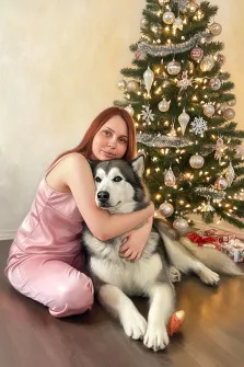 Женский портрет под масло. На картине изображена девушка в розовом атласном костюме, нежно обнимающая крупного хаски. На фоне — наряженная новогодняя ёлка с гирляндами и игрушками, у её основания лежат подарки, создавая тёплую праздничную атмосферу. Художник Антонина