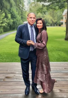 Парный портрет под масло. Мужчина в тёмно-синем костюме с галстуком и женщина в длинном блестящем бордовом платье — стоящая на деревянной террасе. Они держатся за руки, улыбаются и смотрят в камеру, а на фоне видны зелёная лужайка, деревья и часть дома. Художник Александра 