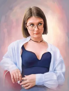 Женский портрет под масло. На картине изображён портрет молодой девушки с короткой стрижкой, в очках, тёмно-синем топе и лёгкой белой рубашке, накинутой на плечи. Её взгляд устремлён в сторону, поза расслабленная, а фон выполнен в мягких пастельных тонах, создающих спокойную и немного задумчивую атмосферу. Художник Анастасия