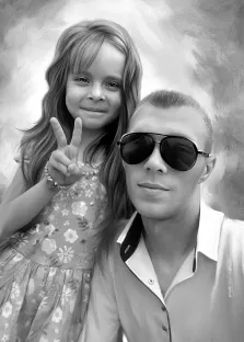 Семейный портрет под масло. На чёрно-белой картине изображены мужчина в тёмных очках и светлой рубашке и девочка в цветочном платье; девочка улыбается и показывает жест «V» (победа) рукой. Фон выполнен в мягких мазках, создающих лёгкую, воздушную атмосферу. Художник Лариса