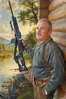 Мужской портрет в стиле под масло. На картине изображён мужчина в охотничьей одежде, прислонившийся к бревенчатой стене домика; в руке он держит крупнокалиберную винтовку, а на лице — спокойное, немного ироничное выражение. На заднем плане раскинулся живописный пейзаж: река, зелёные деревья и холмы под мягким светом закатного или рассветного солнца. Художник Анна 