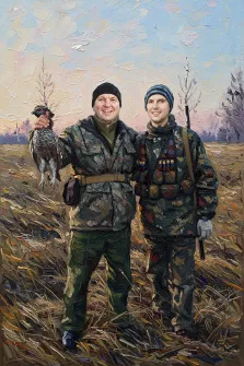 Мужской портрет под масло. На картине изображены двое охотников в камуфляжной одежде, стоящих на фоне осеннего поля с сухой травой и редкими деревьями. Один из них держит в руке подстреленную птицу, оба улыбаются и смотрят вперёд, создавая атмосферу удачного похода и дружеского единения. Художник Ирина