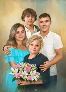 Семейный портрет под масло. На картине изображёны: в центре — женщина с букетом лилий и хризантем, позади неё стоят трое молодых людей — двое юношей и девушка, все выглядят спокойными и дружелюбными. Фон выполнен в мягких пастельных тонах, что придаёт композиции тёплую, гармоничную атмосферу. Художник Анастасия