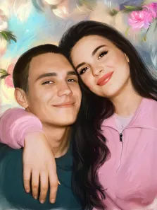 Парный портрет под масло. Девушка в розовой кофте нежно обнимает парня за плечо, оба улыбаются и смотрят в камеру. Фон украшен мягкими мазками пастельных тонов и розовыми цветами, создающими романтичную и тёплую атмосферу. Художник Анастасия