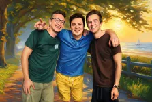 Мужской портрет в стиле под масло. На картине изображены трое улыбающихся молодых мужчин, стоящих обнявшись на фоне живописного пейзажа. За ними виднеется дорожка, окружённая деревьями, а вдали — море с парусником и закатное солнце, заливающее всё тёплым светом. Художник Анастасия