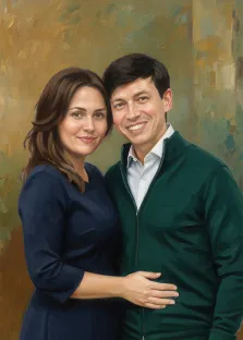 Парный портрет в стиле под масло. На картине изображён мужчина в зелёной кофте поверх белой рубашки тепло улыбается, стоя рядом с женщиной в тёмно-синем платье, которая нежно кладёт руку ему на живот. Фон выполнен в мягких, приглушённых зелёно-золотистых тонах, создавая атмосферу уюта и гармонии. Художник Ирина