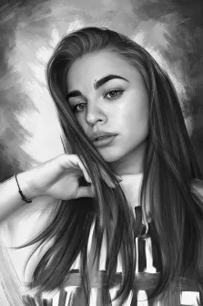 Женский портрет под масло. На чёрно-белом портрете изображена молодая женщина с длинными распущенными волосами, которая слегка наклонила голову и придерживает прядь волос рукой. Её взгляд направлен прямо на зрителя, создавая атмосферу задумчивости и лёгкой загадочности. Художник Лариса