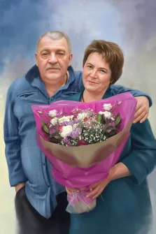 Парный портрет в стиле под масло. На картине изображён парный портрет пожилой пары: мужчина в синей рубашке обнимает женщину в бирюзовом платье, которая держит яркий букет цветов в розовой упаковке. Фон выполнен в мягких голубых и белых тонах, создавая спокойную и тёплую атмосферу. Художник Артём