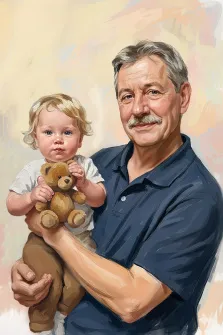 Семейный портрет под масло. На картине изображён пожилой мужчина с седыми волосами и усами в тёмно-синей рубашке, который держит на руках малыша со светлыми волосами. Ребёнок в белой футболке с интересом держит плюшевого медвежонка, а фон выполнен в мягких пастельных тонах, создавая тёплую и уютную атмосферу. Художник Ирина