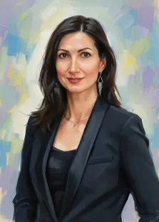 Женский портрет под масло. На картине изображён портрет женщины с тёмными волнистыми волосами, одетой в элегантный тёмный костюм. Её лицо украшает лёгкая улыбка, а фон выполнен в мягких пастельных тонах с абстрактными мазками голубого, жёлтого и сиреневого цветов, создающими лёгкую и утончённую атмосферу. Художник Анна