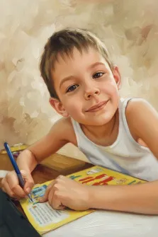 Детский портрет в стиле под масло. На картине изображён улыбающийся мальчик в белой майке, который сидит за столом и пишет ручкой в яркой тетради с крупными буквами. Его взгляд направлен на зрителя, а поза расслабленная и дружелюбная, создающая ощущение лёгкости и детской непосредственности. Художник Александра