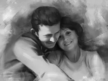 Парный портрет в стиле под масло. На чёрно-белой картине изображена пара: мужчина нежно обнимает женщину, склонив голову к её лицу, а женщина тепло улыбается, глядя вперёд. Мягкие мазки фона создают атмосферу уюта и близости между персонажами. Художник Лариса