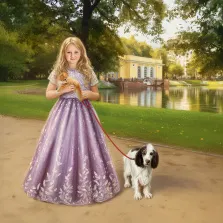 Детский портрет в стиле под масло. На картине изображена девочка в пышном сиреневом платье с цветочным узором, держащая на руках рыжего котёнка; рядом с ней на поводке стоит бело-коричневая собака. Сцена разворачивается на фоне зелёного парка с прудом и жёлтым павильоном, создавая атмосферу спокойствия и уюта. Художник Анастасия