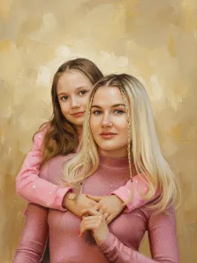 Семейный портрет в стиле под масло. На картине изображён трогательный портрет женщины и девочки: женщина с длинными светлыми волосами, заплетёнными в косы, в розовом облегающем свитере, а девочка в розовой кофте с мелким узором обнимает её сзади. Фон выполнен в мягких бежево-золотистых тонах, создающих тёплую и уютную атмосферу. Художник Ирина