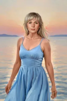 Женский портрет в стиле под масло. На картине изображена женщина с светлыми волосами в лёгком голубом платье, стоящая на фоне спокойного моря и закатного неба, окрашенного в нежные розовые и персиковые тона. Её поза спокойна, взгляд устремлён вперёд, создавая атмосферу умиротворения и гармонии с природой. Художник Ирина