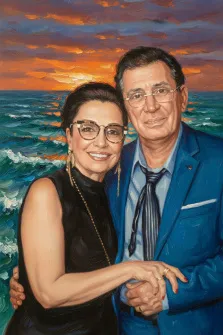 Парный портрет в стиле под масло. На картине изображён парный портрет: мужчина в синем костюме с галстуком и очками обнимает женщину в чёрном платье, с крупными серьгами и очками, которая тепло улыбается. На фоне — живописный морской пейзаж с волнами и закатным небом, окрашенным в насыщенные оранжево-фиолетовые тона. Художник Анна