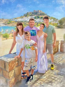 Семейный портрет в стиле под масло. На картине изображена семья из пяти человек — двое взрослых и трое детей — позирующая на фоне живописного морского пейзажа с крепостью на холме. Все улыбаются, одеты в лёгкую летнюю одежду, атмосфера наполнена солнечным светом и ощущением отдыха. Художник Анна