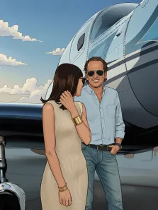 Парный портрет в стиле комикс. На иллюстрации изображены мужчина и женщина, стоящие рядом с частным самолётом: мужчина в светло-голубой рубашке, джинсах и тёмных очках улыбается, а женщина в элегантном светлом платье и с золотыми браслетами слегка касается своих волос. На фоне — чистое голубое небо с пушистыми облаками, создающее ощущение роскоши и свободы. Художник Ирина