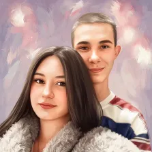 Парный портрет в стиле под масло.На картине в стиле дрим-арт изображена молодая пара: девушка с длинными тёмными волосами в пушистой светлой накидке и юноша с короткими светлыми волосами в спортивной кофте с красно-бело-синими полосами. Фон выполнен в нежных пастельных тонах с размытыми мазками розового, сиреневого и белого, создающими лёгкую, мечтательную атмосферу. Художник Анастасия