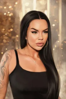 Женский портрет под масло. На картине изображён портрет женщины с длинными прямыми чёрными волосами, одетая в чёрный топ, с крупными золотыми серьгами-кольцами и изящным колье с подвеской. На её левой руке видна татуировка, а фон выполнен в тёплых золотистых тонах с эффектом боке, создающим атмосферу уюта и элегантности. Художник Анастасия