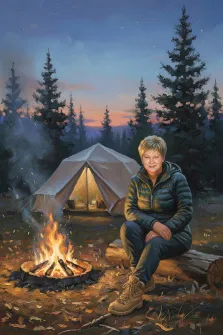 Женский портрет под масло. На картине изображена женщина в тёплой куртке и туристических ботинках, сидящая на бревне у костра в лесу; на заднем плане — палатка с тёплым светом внутри, окружённая высокими елями на фоне закатного неба. Художник Ирина