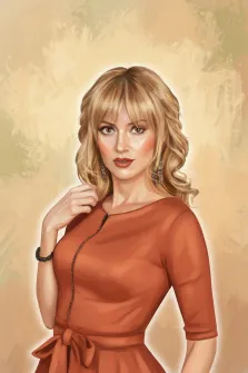 Женский портрет в стиле под масло. На картине изображён портрет женщины с длинными светлыми волосами и выразительными карими глазами; она одета в элегантное оранжевое платье с бантом на талии, украшена крупными серьгами и чёрным браслетом. Фон выполнен в мягких бежево-зелёных тонах, подчёркивающих утончённость образа. Художник Анна