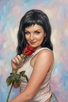 Женский портрет в стиле под масло. На картине изображён портрет женщины с тёмными волосами и прямой чёлкой, одетой в белую майку; она слегка улыбается и держит у лица ярко-красную розу. Фон выполнен в мягких пастельных тонах с размытыми мазками голубого, розового и белого, создающими лёгкую и романтичную атмосферу. Художник Ирина
