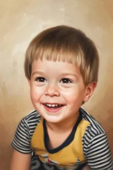 Детский портрет в стиле под масло. На картине изображён улыбающийся мальчик с короткими светлыми волосами, одетый в зелёную футболку с серыми полосками. Его лицо наполнено радостью, а мягкий нейтральный фон подчёркивает теплоту и непосредственность детского образа. Художник Александра