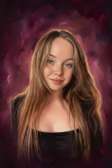 Женский портрет в стиле под масло. На картине изображён портрет молодой девушки с длинными светло-русыми волосами и выразительными голубыми глазами; она мягко улыбается, одета в тёмный топ с округлым вырезом. Фон выполнен в насыщенных бордово-фиолетовых тонах с динамичными мазками, создающими выразительный контраст с образом героини. Художник Анна